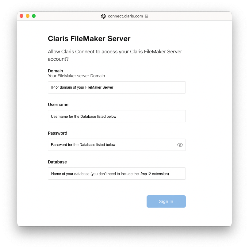 Claris FileMaker Server connection
